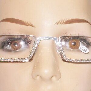 SILVER METAL HALF MOON READING GLASSES W/SILVER RHINESTONES 2.50 STRENGTH ONLY